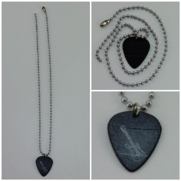 Guitar Pick Faux Silvertone Accent Pendant Necklac - Picture 2 of 8